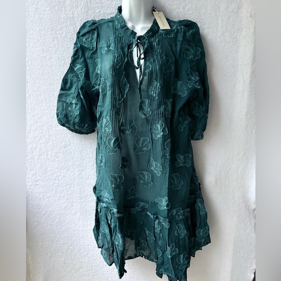 Sundance Fanciful Florals Dress Teal Peasant Mini - Picture 3 of 8